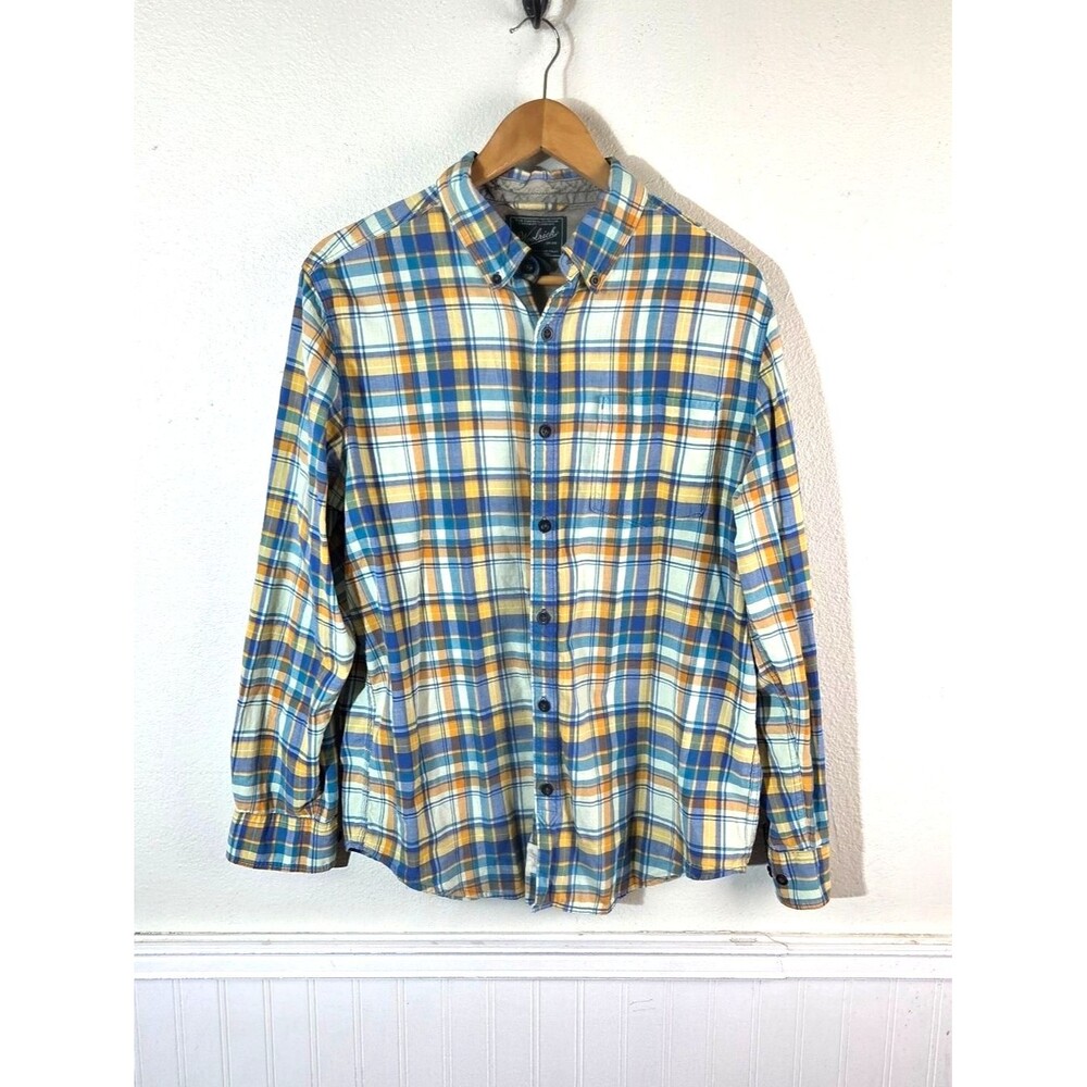 Woolrich Men’s Large Blue Yellow Plaid Organic Cotton Button Down Shirt